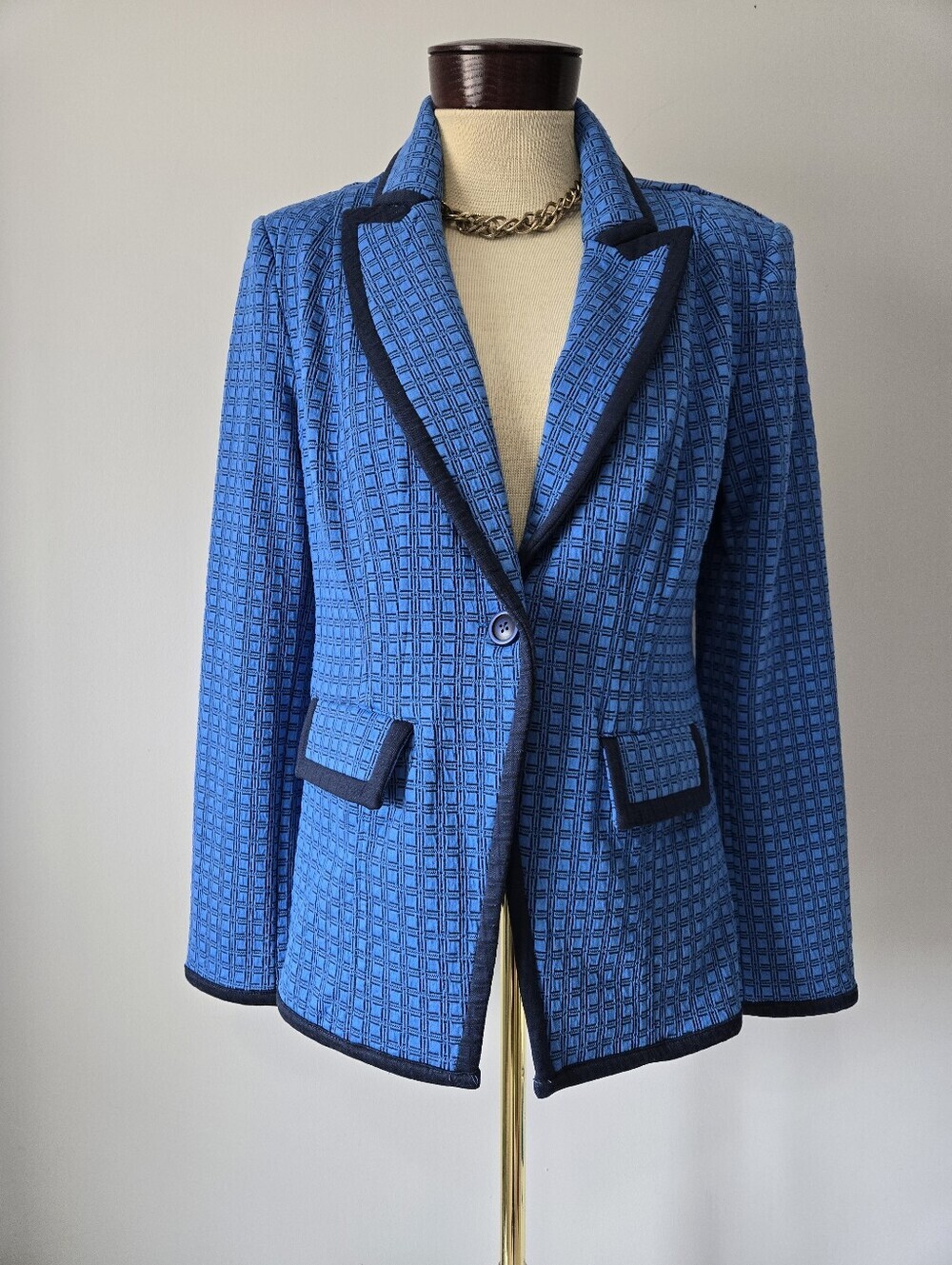 Cabi- New With Tags Blue Gingham Single-Button Blazer with Navy Contrast Trim.